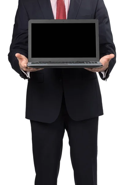 Mannen i kostym med laptop — Stockfoto