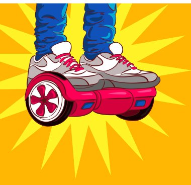 Hemen bacaklarını açıp bir Hoverboard üzerinde spor ayakkabı