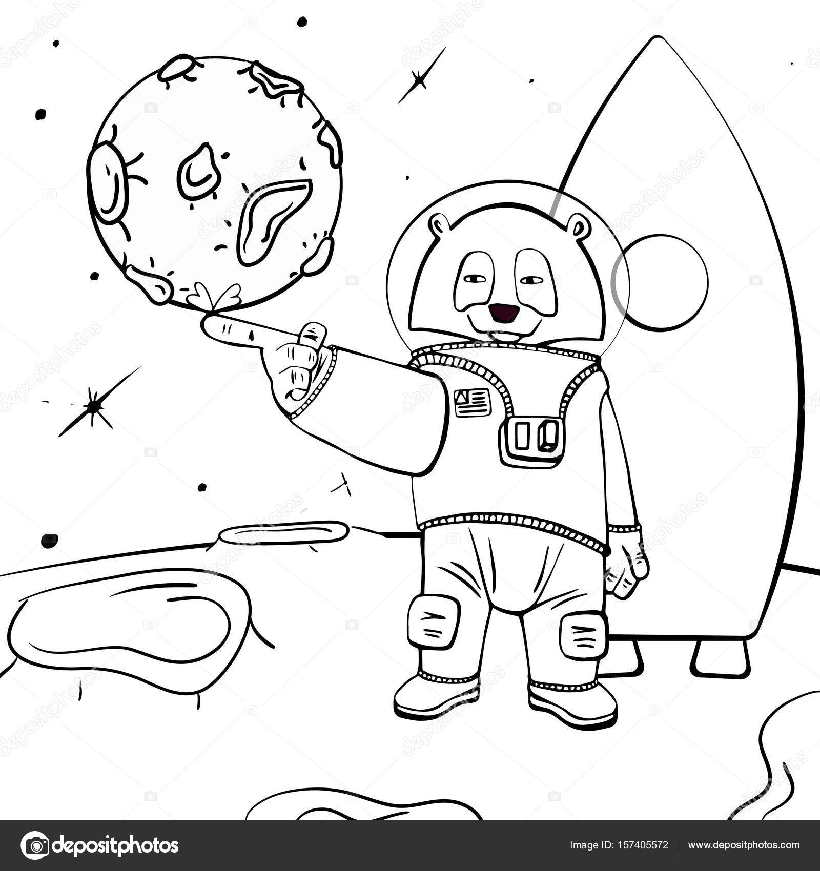 Astronauta di contorno panda — Vettoriale Stock Bianco e nero da colorare