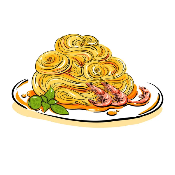 Spaghetti met garnalen en basilicum — Stockvector
