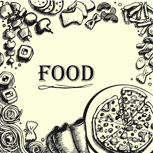 Background with food, sweets, pizza, spaghetti, toast, crackers, dried fruits