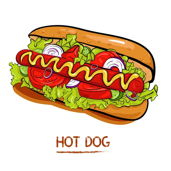 Perro caliente con verduras, tomates, cebollas, salchichas fritas en mostaza — Vector de stock