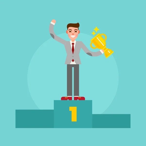 Successful winner businessman standing on the pedestal with a cup in the hand. Happy man in suit. Vector illustration. — Stock Vector