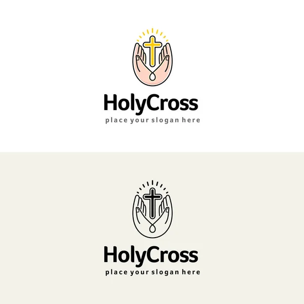 Santa Cruz nas mãos. logotipo vetor igreja cristã. Ilustração da religião . —  Vetores de Stock