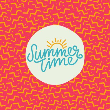 Yaz saati el yazı metin. Hat poster trendy 90s ile memphis desen.
