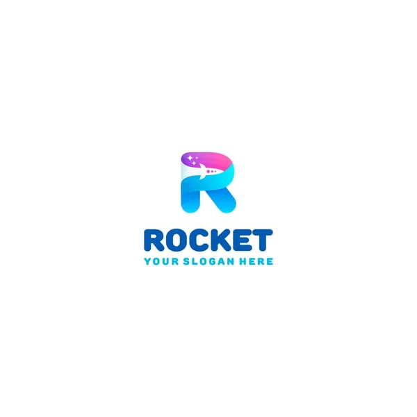Logotipo de foguete. Carta R colorida com foguete e estrelas no espaço negativo . —  Vetores de Stock