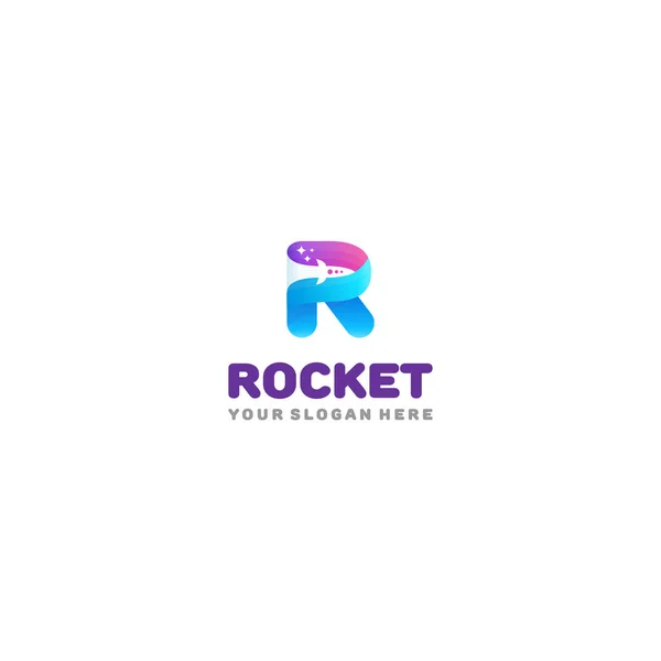 Логотип ракеты. Красочная буква R с ракетой и звездами в негативном пространстве . — стоковый вектор