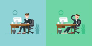 Ofis işçi günlük rutin. Masada oturan ve bilgisayarda çalışan takım elbiseli iş adamı. Günün sonunda yorgun.