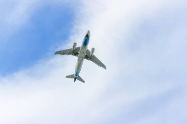 White and blue plane in the sky