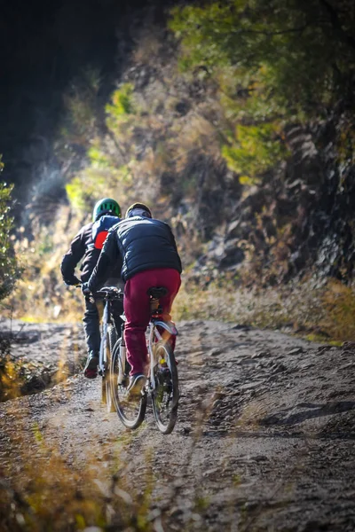 Dois homens estão andando de bicicleta em um caminho de montanha — Fotografia de Stock