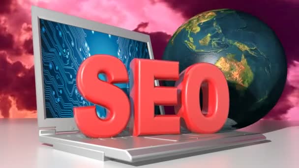 Seo 与世界 — — 3d 渲染的便携式计算机 — 图库视频影像