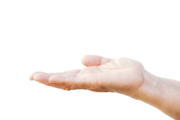 Open horizontal hand of a woman on white background