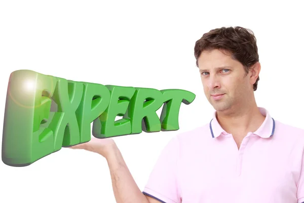 Ung man håller skriva "Expert" skriven med gröna 3d bokstäver — Stockfoto