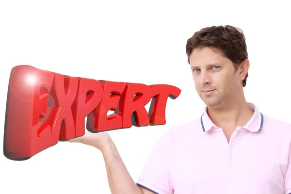 Jeune homme tenant l'écriture "EXPERT" écrite avec des lettres rouges 3D — Photo