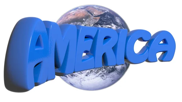 "AMERIQUE "écrit avec des lettres 3D bleues sur Terre et fond blanc - rendu 3D — Photo