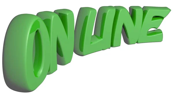 "ON LINE "written with 3D green letters on white background - 3D rendering — стоковое фото