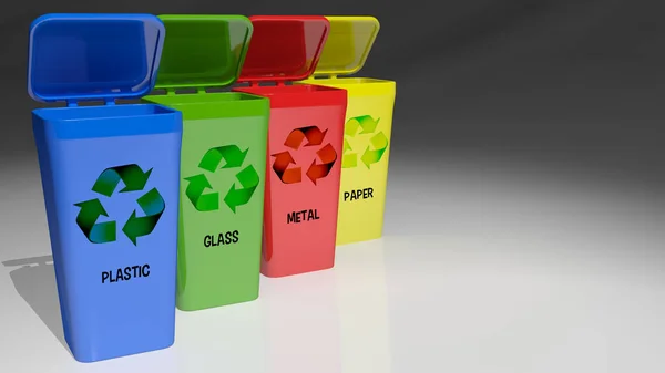 Quatre poubelles de recyclage colorées - rendu 3D — Photo