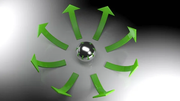 Circle of green arrows growing up with sphere in their center - Top view - 3D rendering — Stock Photo, Image
