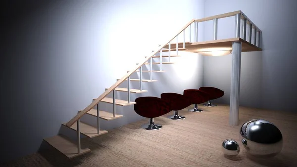 Quarto com escadas e armcharis modernos - renderização 3D — Fotografia de Stock
