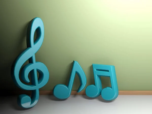 Símbolos musicais na parede verde - renderização 3D — Fotografia de Stock