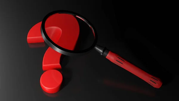 Lupa en rojo signo de interrogación - 3D renderizado —  Fotos de Stock