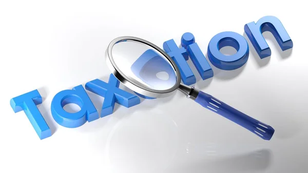 Vergrootglas op belastinggebied blauwe schrijven - 3d rendering — Stockfoto