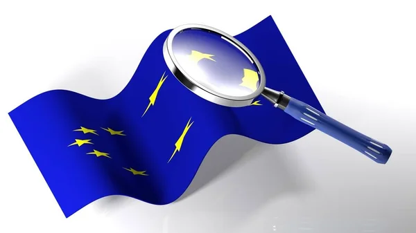 Lente di ingrandimento sulla bandiera dell'Unione europea - rendering 3D — Foto Stock