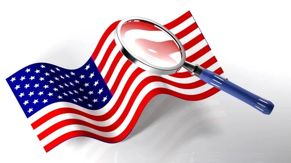 Magnifier on the flag of United States of America - 3D rendering — Stock Photo, Image