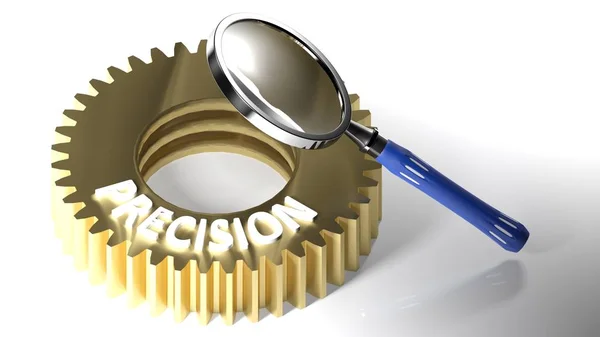 Magnifier on precision gear - 3D rendering — Stock Photo, Image