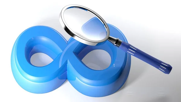 Loupe sur le symbole bleu Infini - rendu 3D — Photo