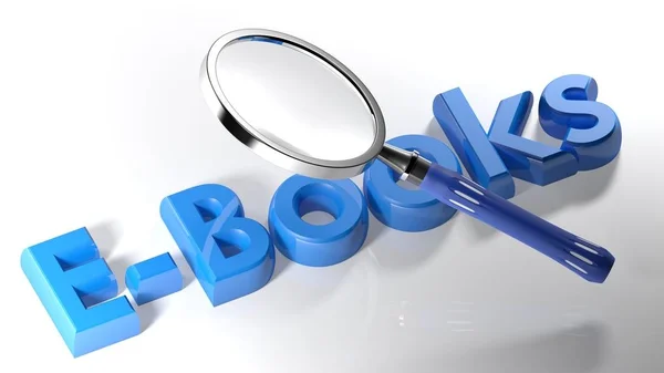 Lupa en E-Books azul - Representación 3D —  Fotos de Stock