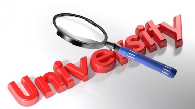 Büyüteci yazmak Üniversitesi, beyaz yüzey - 3d render döşeme kırmızı 3d harflerle yazılı üzerinde geçiyor