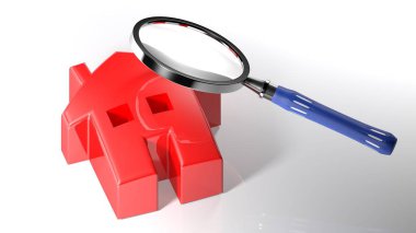 Bir büyüteç simgesinin kırmızı bir ev, beyaz bir yüzeye - 3d render döşeme üzerine geçiyor
