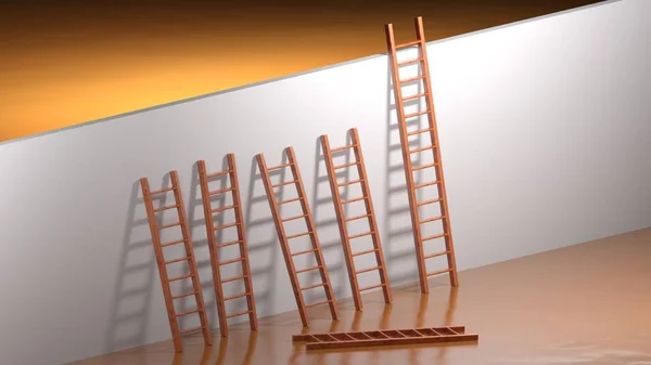 A wall to be climbed; many ladders are too short and one is fallen to ground; but the last one is long enough to succeed in overcoming the obstacle - 3D rendering