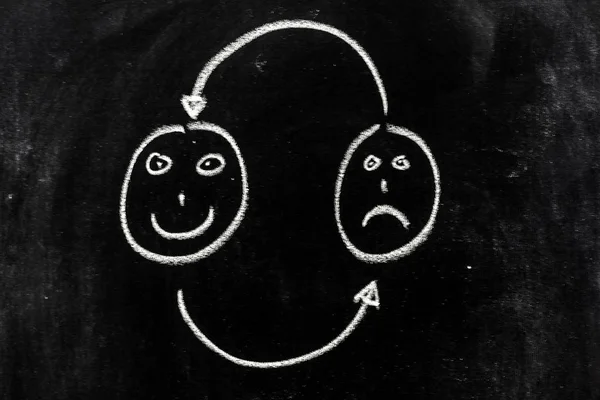 A happy face and a sad face are sketched on a blackboard and arrows symbolize a cycle going from the first to the second and back to the first one
