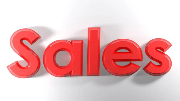 The write Sales, written with red 3D letters laying on a white surface - 3D rendering