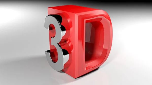 An icon for 3D with the number 3 written with a metallic polished chrome, sticked on a side of the D, written with red glossy plastic - 3D rendering