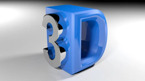 一个3D 的图标与数字3书面与金属抛光铬 坚持在一边的 写有蓝色光泽塑料 — 图库照片