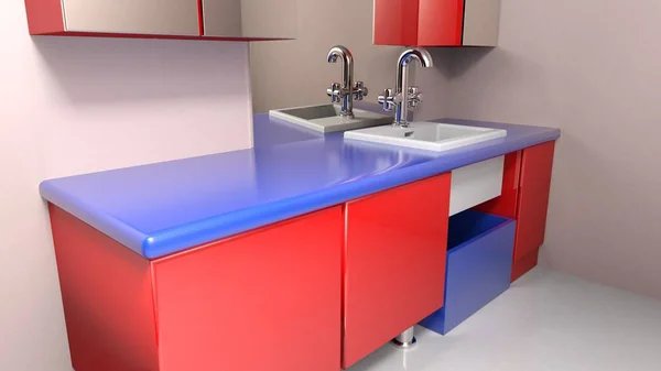青と赤のカラフルな家具の レンダリング図付きのモダンな浴室 — ストック写真