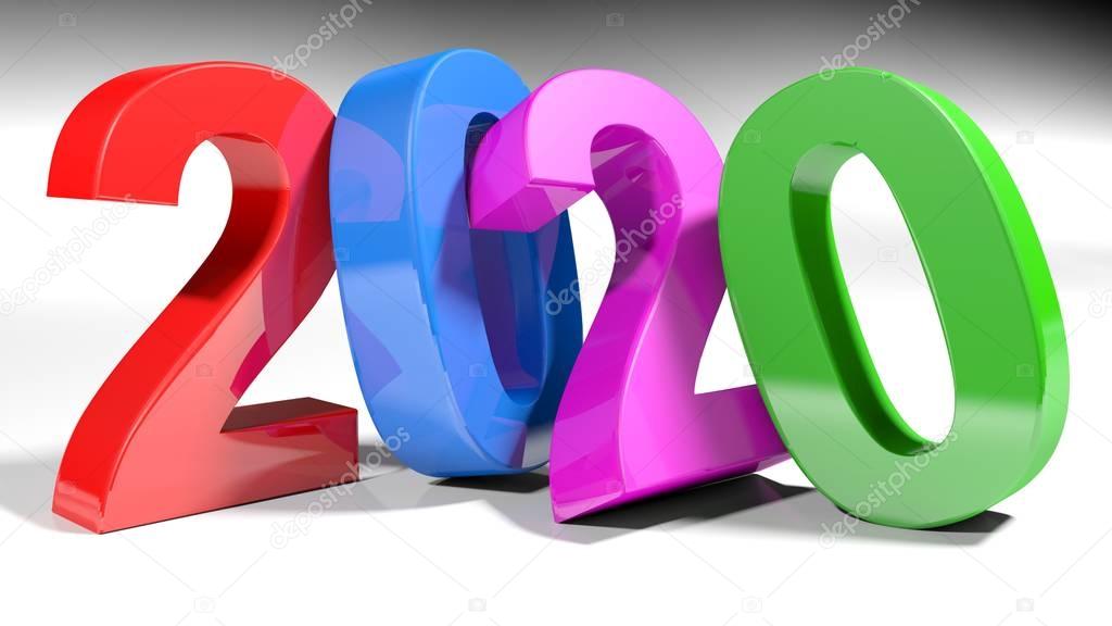 2020 is written with 3D colorful numbers standing on a white surface - 3D rendering illustration