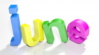 Hafifçe eğildi, beyaz bir yüzey - 3d render örnek üzerinde 3d renkli harfler konumu olan yazılı kelime Haziran,