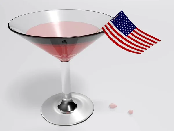 饮用开胃酒的酒杯 含红色液体和美国国旗 渲染插图 — 图库照片