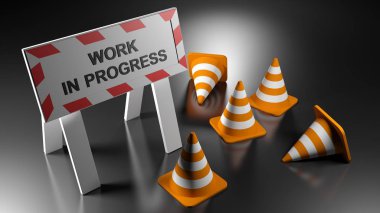 Bir sokak işaretiyle yazma yapım aşamasında ve bazı trafik konileri siyah ve parlak - 3d render resimde yerde