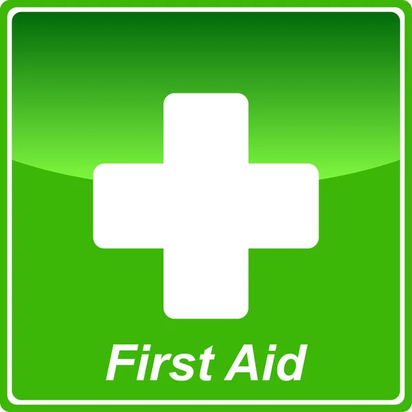 Icon First Aid White Cross Green Square Write First Aid — Stock Vector