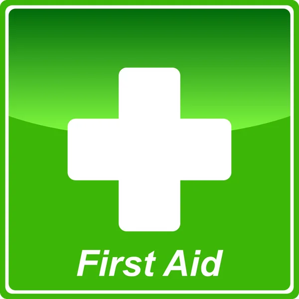 Icono Para Primeros Auxilios Una Cruz Blanca Cuadrado Verde Escritura — Archivo Imágenes Vectoriales