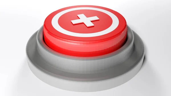 Красная Кнопка Белым Крестом Круге Верхней Части Трехмерная Иллюстрация — стоковое фото