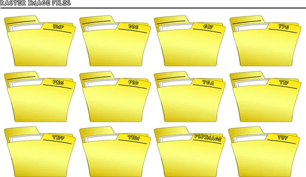 An icon set with yellow folders for many different types of Raster images file formats - vector — Stock Illustration Icon Set Yellow Folders Many Different Types Raster Images File Stock Vector