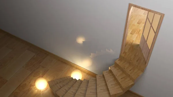 Wooden stairs go from a wooden floor to an opened wooden door on a white wall. The other room has also a wooden floor. At the starting of the stairs there are two spherical lights at ground - 3D rendering