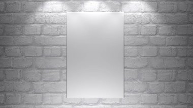 Bir beyaz boş dikey tuval - kişisel görüntü ile - özelleştirilmesi hazır - 3d işleme beyaz tuğla duvara asılı