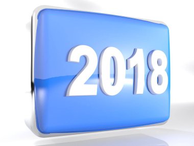 Krom kenarlıklı bir yuvarlak mavi kutu ve 2018 yıl yazma onun ön - 3d render illüstrasyon yan